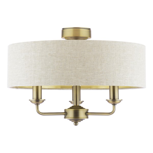 (image for) Laura Ashley Sorrento 3 Light Semi-Flush Matt Antique Brass With Natural Shade
